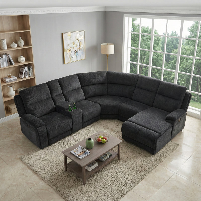 6-Piece Modular Reclining Sectional Sofa In Gray & Black Chenille