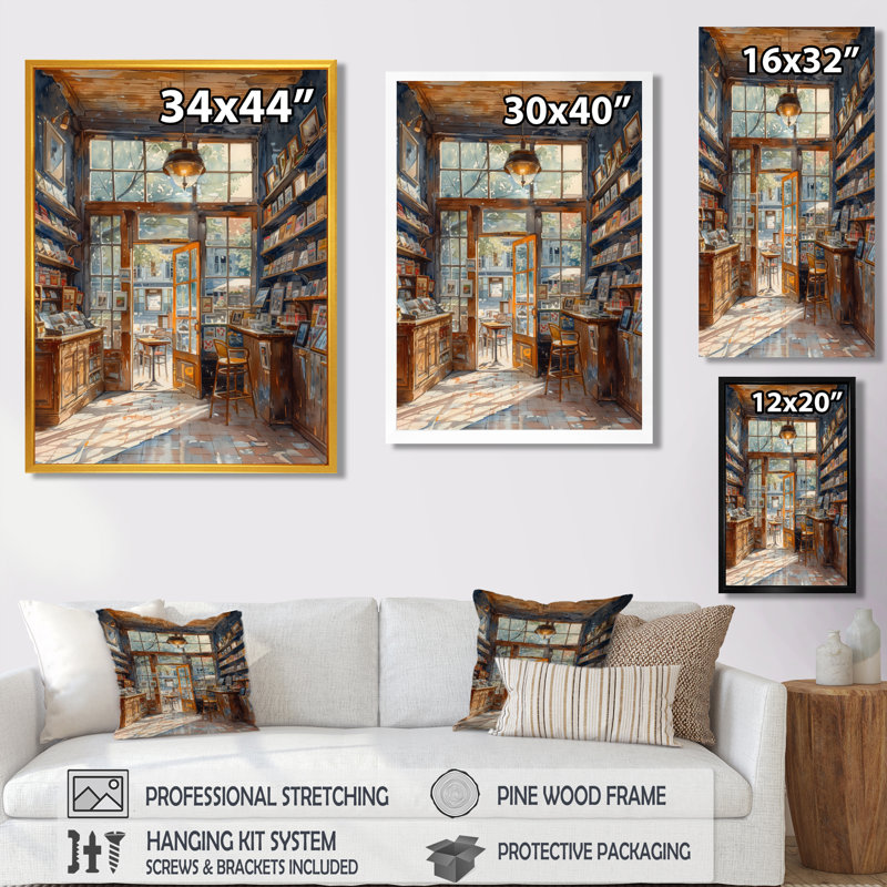 Café-restaurant jaune brun - Boutiques, Toile avec cadre flottant or, H 20 po x l 12 po x P 1 po