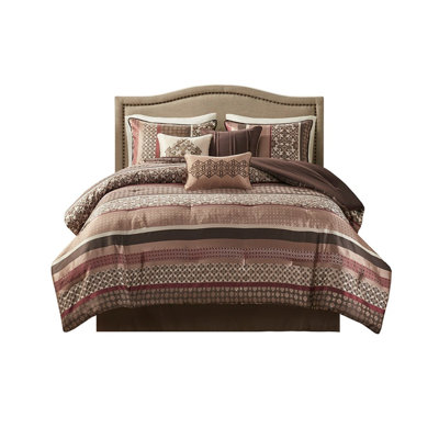Elegant 7-piece Bedding Set, Red Polyester Jacquard, Traditional Style For Cal King
