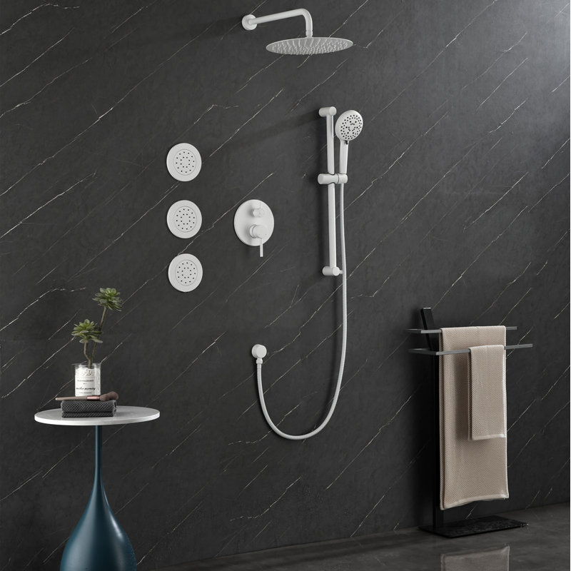 Shower System With Shower Head, Hand Shower, Slide Bar, Bodysprays, Shower Arm, Hose, Valve Trim, And Lever Handles, White