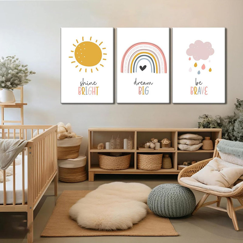 3 Pcs Boho Nursery Canvas Wall Art Dream Big Be Brave Shine Bright Bohemia Sun Rainbow Pictures Kids Wall Decor Poster Print Artwork For Bedroom Children Room Home Decoration