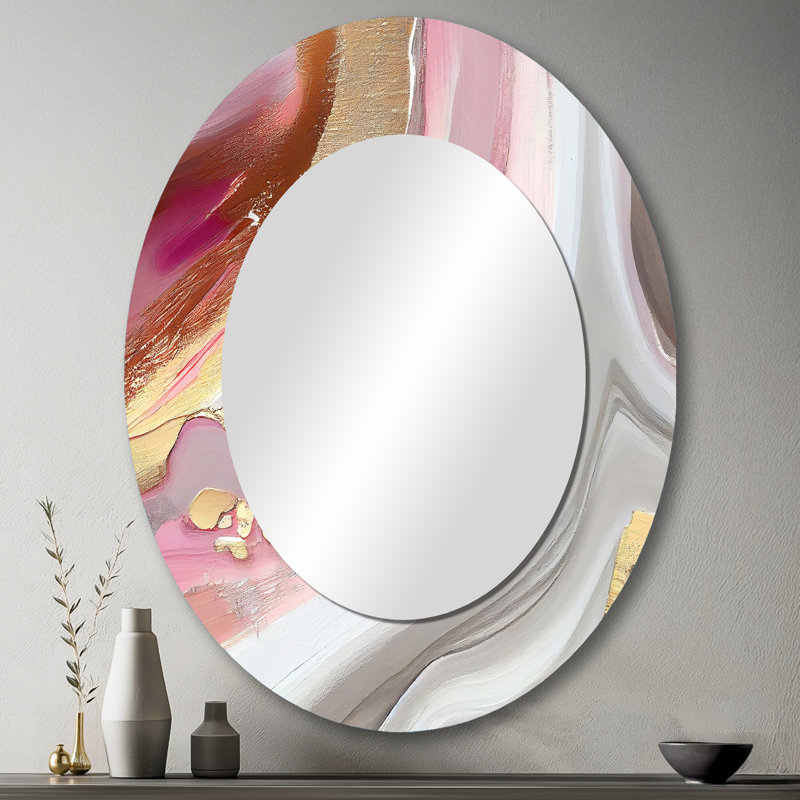 Pink And Gold Marble Abstract IV - Modern Oval Wall Mirror, 43" x 33"