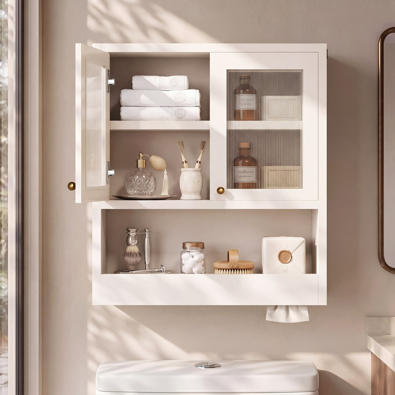 Meuble de rangement mural OMCHOM pour salle de bain avec porte en acrylique cannelé, tablette réglable et porte-serviettes, meuble suspendu gain de place pour petite salle de bain au-dessus des toilettes