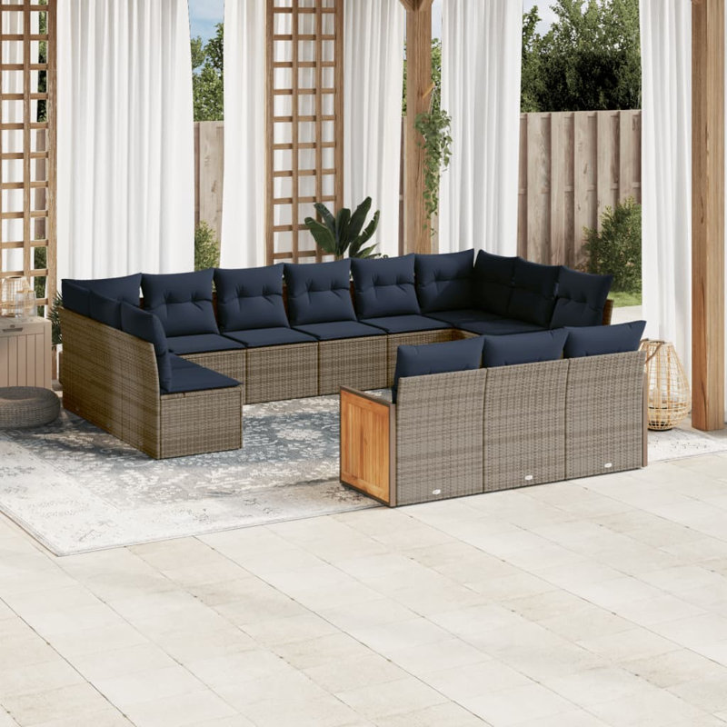 Ensemble de canapé de patio 14 pièces avec coussins en rotin de polyester noir