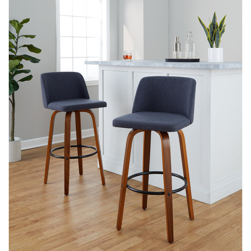 Thea 30" Fixed-Height Bar Stools with Bent Wood Legs & Round Footrest, Walnut/Black, Blue Polyester Blend
