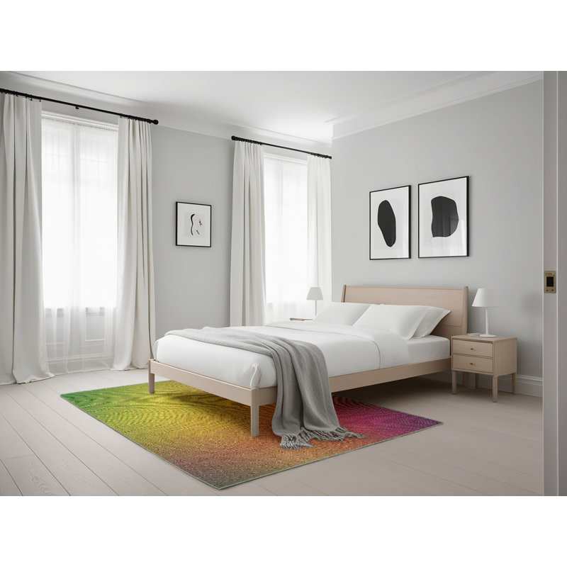 Tapis jaune/vert/rose à motifs, Rectangle 5 pi x 7 pi