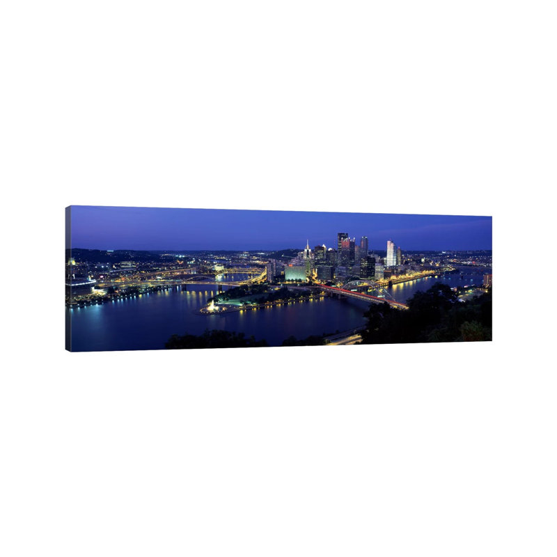 Buildings Along a River Lit up at Dusk, Monongahela River, Pittsburgh, Allegheny County, Pennsylvania, USA 1 Piece Wrapped Canvas Panoramic Wall Art