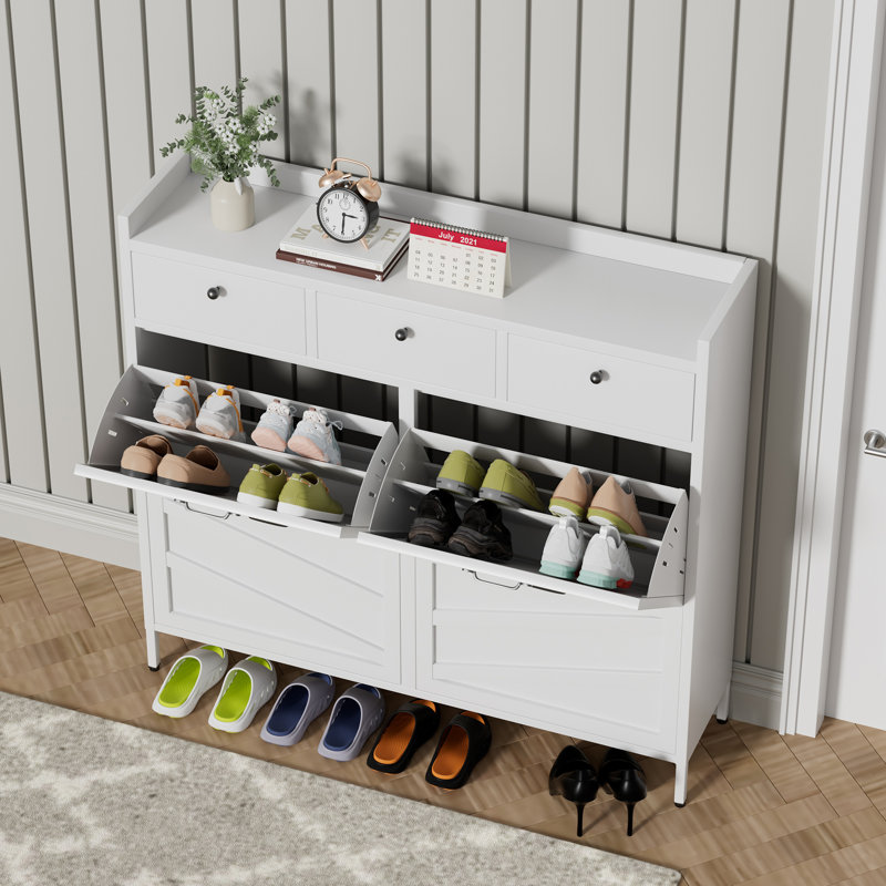 Meuble à chaussures mince en métal blanc Mikenlee avec 4 tiroirs rabattables et 3 tiroirs de rangement - Organisateur de chaussures autoportant anti-basculement pour entrée/couloir