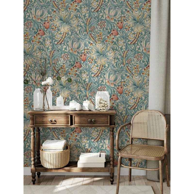 Papier peint à motif de lis doré William Morris Bryelle Peel & Stick Roll 1899 John Henry Dearles Design, Bleu