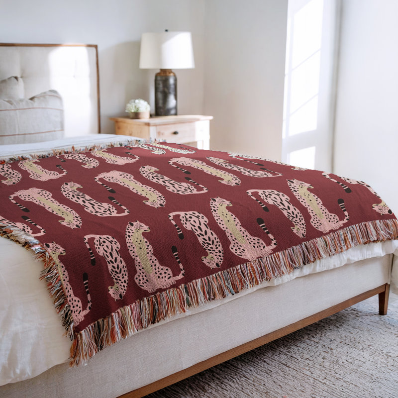 Jeté en mélange de coton Ren Leopard, Rouge / rose, L 60 po x l 60 po