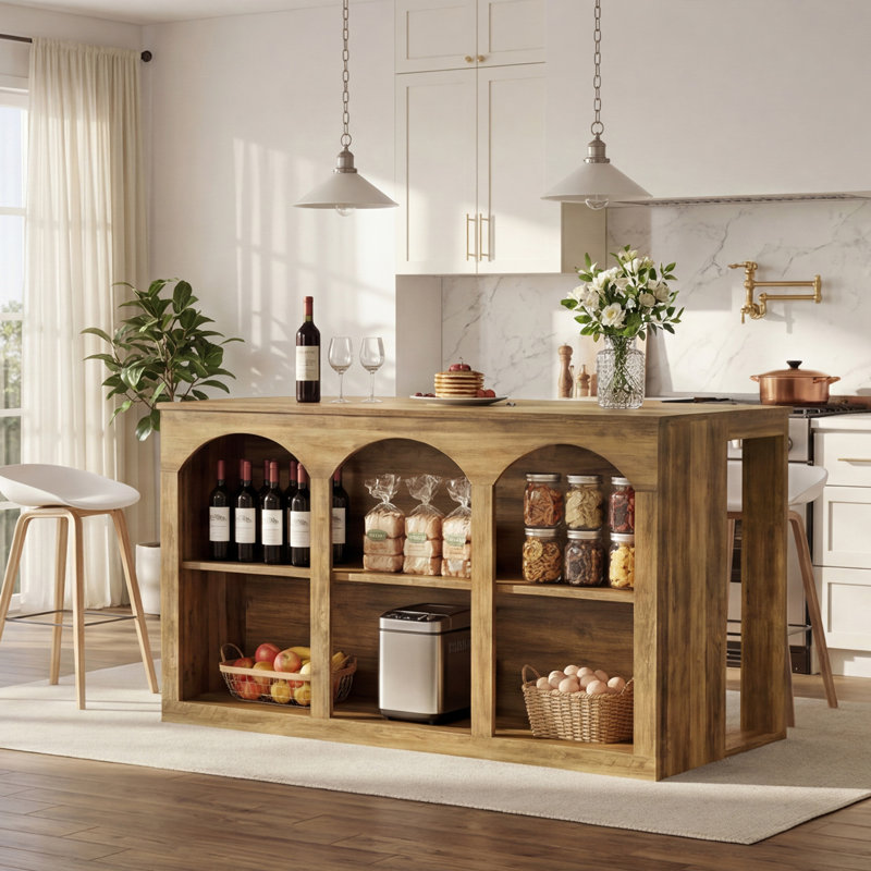Kitchen Island With 3 Storage Shelves, 55.12 Inch Farmhouse Kitchen Shelf Bar Table With Large Worktop