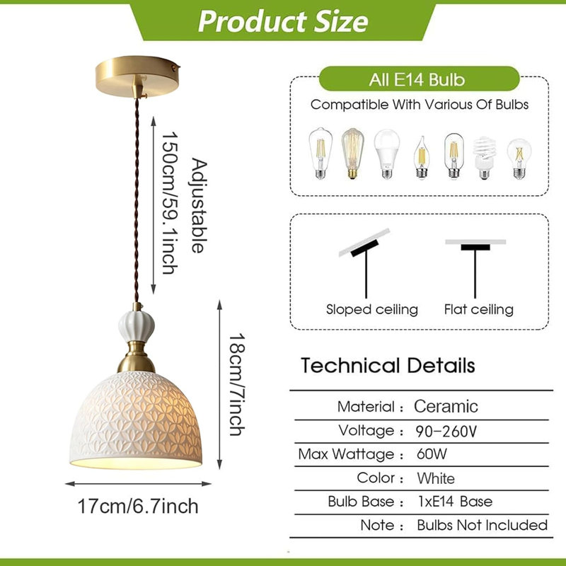 Lustre moderne en céramique, suspension blanche à une lumière, style industriel, en laiton et céramique. Cordon ajustable de 150 cm. Parfait pour un plafond de style champêtre, un îlot de cuisine ou un évier.