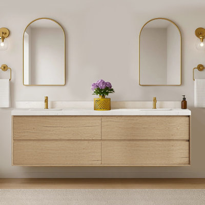 Wall-Mounted Double Bathroom Vanity With Carrara White Engineered Stone Top And Dual Ceramic Sinks