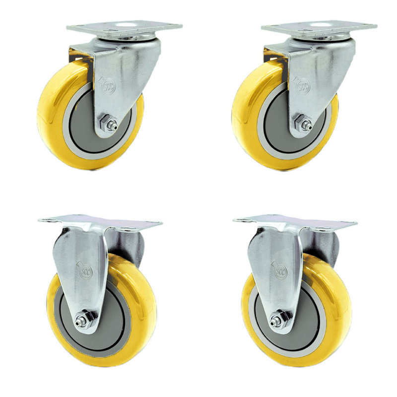 4 Inch Yellow Polyurethane Wheel Swivel Top Plate Caster Set with 2 Rigid SCC