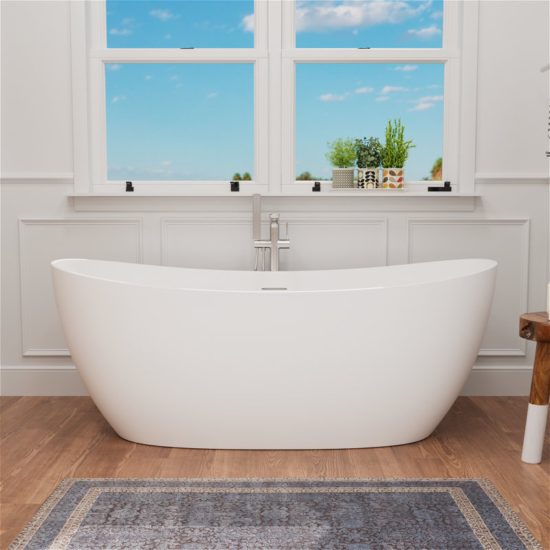 63" Freestanding Solid Surface Bathtub, Double Slipper Deep Soaking Tub with Pop-Up Drain & Overflow, CUPC Certified, Luxurious Design for Modern Bathrooms