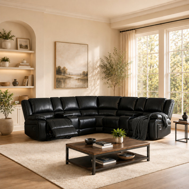 Monchat Sectional 109'' Faux Leather Manual Reclining Sectional Couch with 2 Consoles, Black