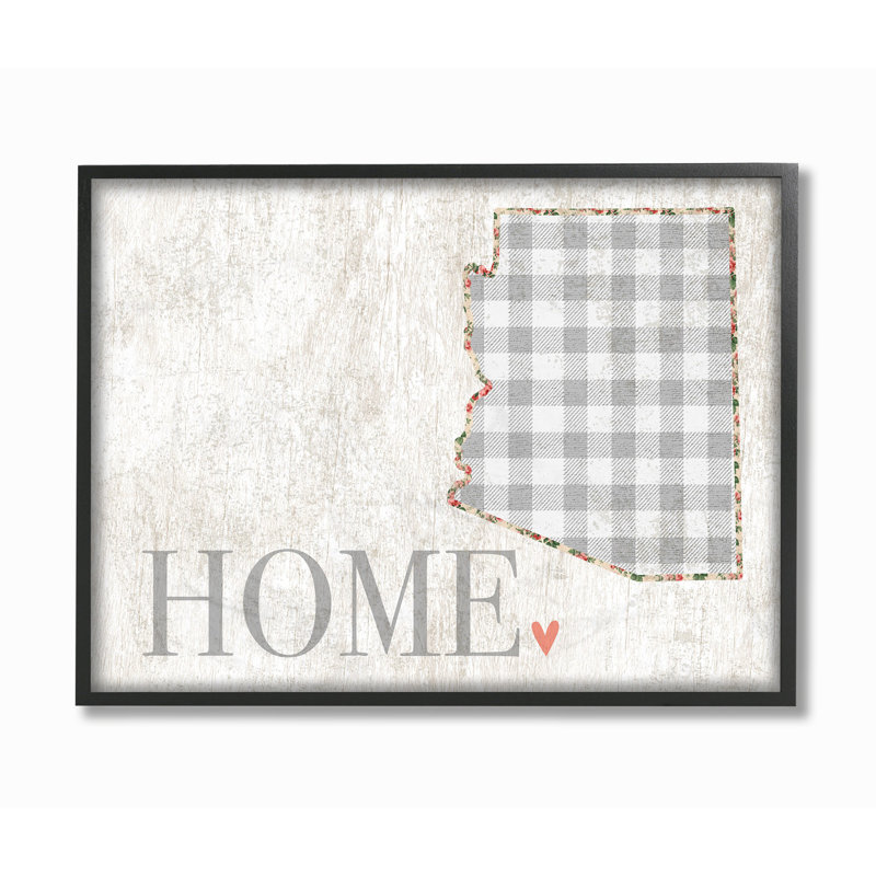 «Arizona Gray Gingham and Floral Heart and Home», impression, H 11 po x l 14 po x P 1,5 po, Giclée encadrée noir minuit