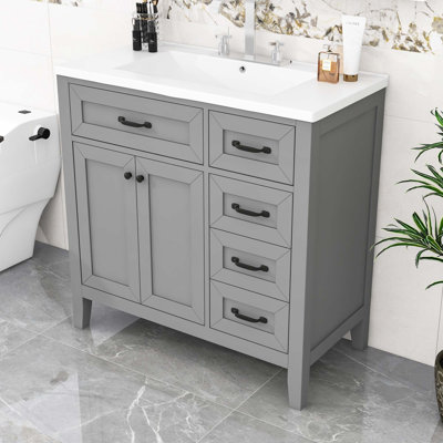 Meuble-lavabo autoportant avec lavabo en céramique, armoire de rangement et 3 tiroirs