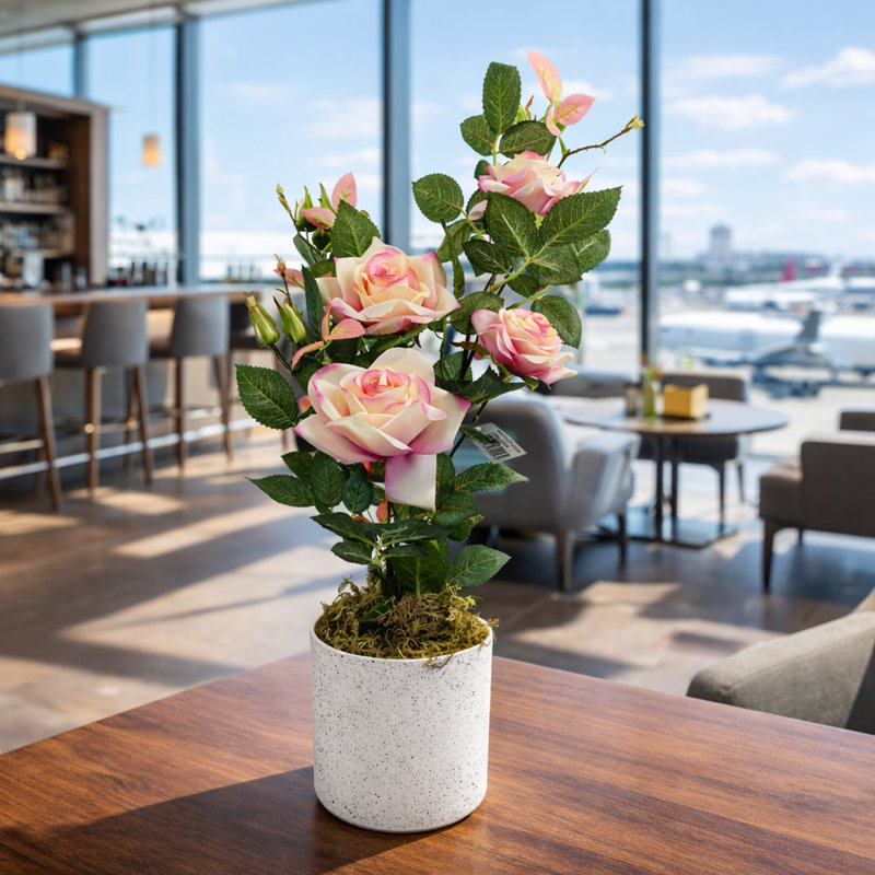 Plastic, Silk Rose Arrangement in Pot, Pink