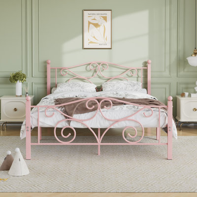 Structure de grand lit, lit plateforme en métal avec tête et pied de lit de style parisien, support de lattes robuste, rangement sous le lit, aucun sommier tapissier requis