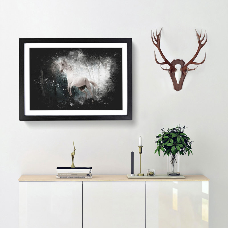 White Horse Rearing in a Winter Forest - Picture Frame Graphic Art Print, Black Framed, 45cm H x 63cm W x 2cm D