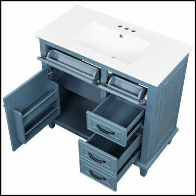 36 Inch Bathroom Vanity With Ceramic Sink, Solid Wood, MDF & Poplar, Flip Drawers, Adjustable Shelf, And Zinc Handles
