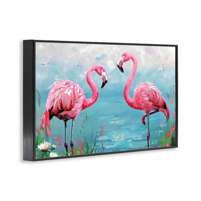 Giclée Flamingo Lagoon Duo, design par LSR Design Studio, H 12 po x l 18 po, Giclée encadrée noir minuit