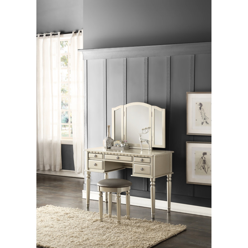 Meuble-lavabo de style classique - argenté, 5 tiroirs, tabouret inclus, fabrication en bois d'hévéa de couleur argent contemporaine, miroir pliable, rangement de tiroir