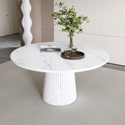 Table de salle à manger ronde en panneau de fibres à densité moyenne de 47 pouces avec plateau en placage de marbre et base en bois