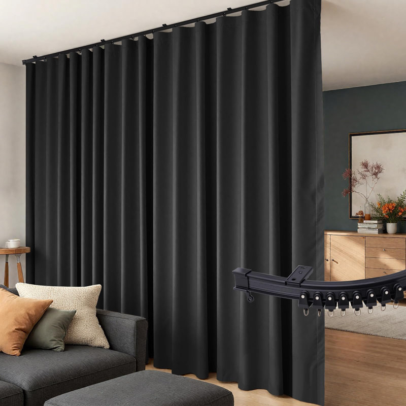 Rideaux séparateurs de pièce avec tringle à rideaux flexible pour plafond, rideaux occultants pour salon et chambre, panneaux de séparation pour plus d'intimité (L 100 x H 108 cm), rideaux et tringle noirs.