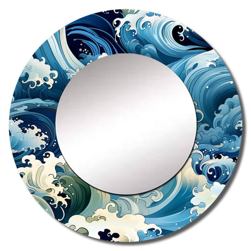 Rishu Water Elements - miroir mural unique vague japonaise, miroir côtier, reproduction d'art en métal, 23 po x 23 po, Rond
