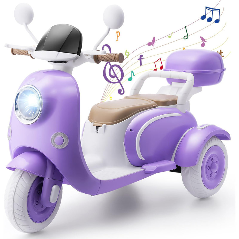 Alex 12V Kids Electric Motorcycle, 2 Seater 3 Wheels Moped, USB, Music, Horn, Light, Big Storage Box, Dual Motor Electric Ideal Motorcycle