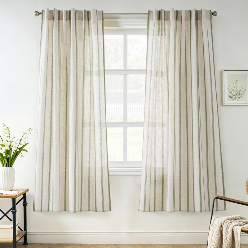 Farmhouse Striped Linen Blend Textured Light Filtering Semi Sheer Rod Pocket Back Tab Curtains, 52" W x 63" L, Loden Green