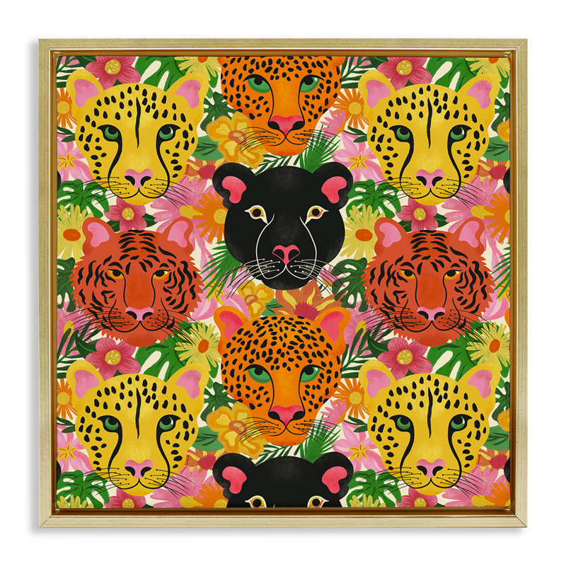 Cadre flottant Jungle Cats, par Carrie Cantwell, H 18 po x l 18 po, Cadre flottant métallique doré