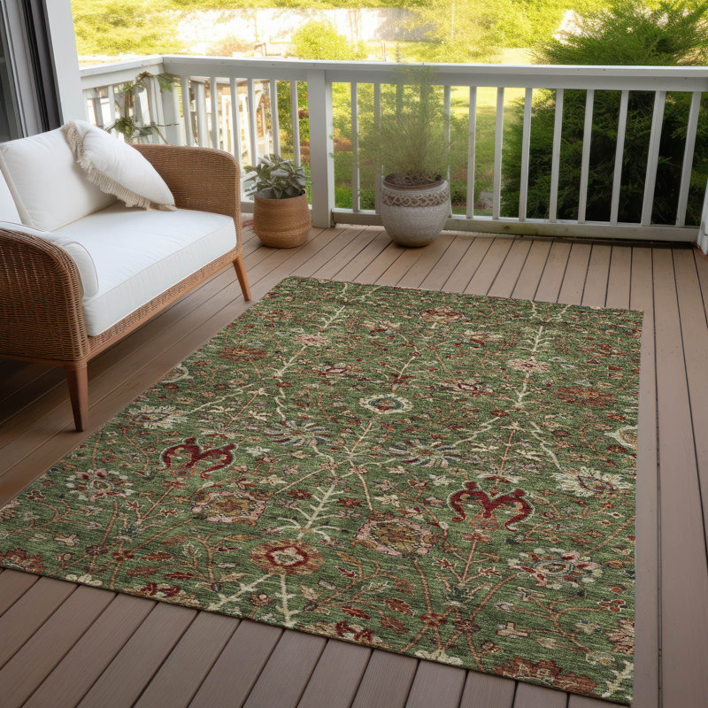 Green and Red Floral Synthetic Washable 5' x 7' Area Rug