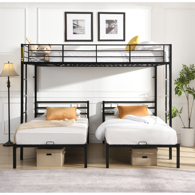 Lit superposé double au-dessus de simple avec structure en métal, vertical, rails à quatre côtés et tablette pour ranger les ceintures