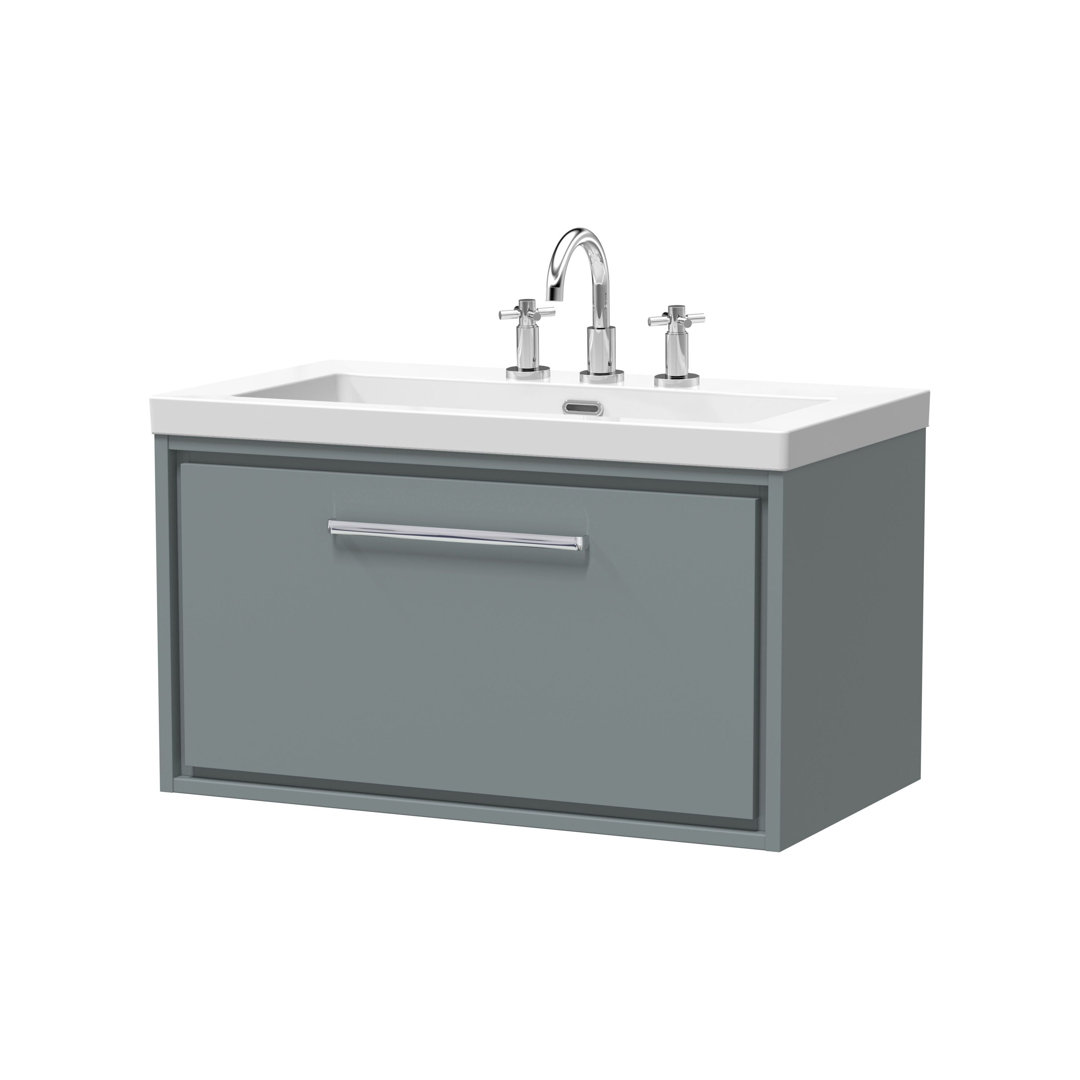 Hudson Reed Lille 600mm Fern Green 1 Drawer Wall Hung Vanity Unit With 3 Tap Holes Fireclay Basin