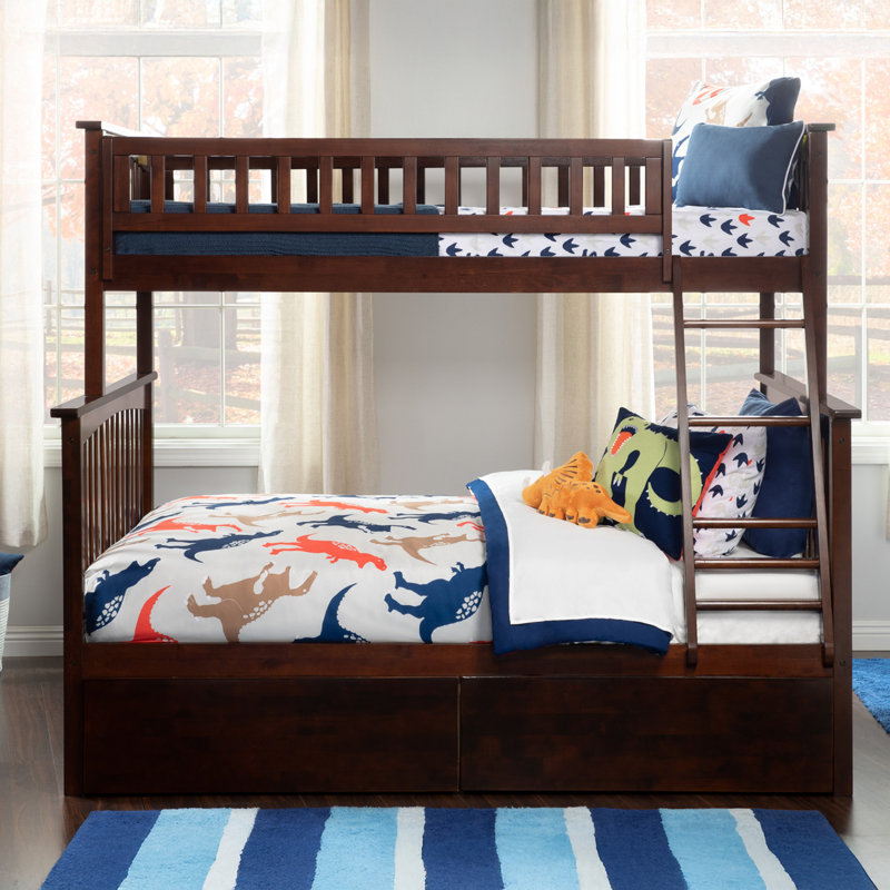 Lit superposé en bois massif avec tiroirs de rangement Flinn, Twin over Full, Walnut