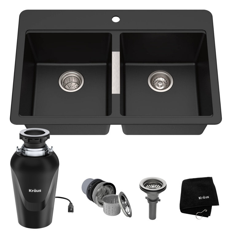 KRAUS 33 Inch Dual Mount Double Bowl Kitchen Sink with WasteGuard™ Garbage Disposal