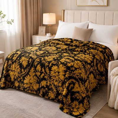 Couverture luxueuse en polaire damassée noire, jeté élégant et moelleux pour canapé, chambre, salon et décoration intérieure