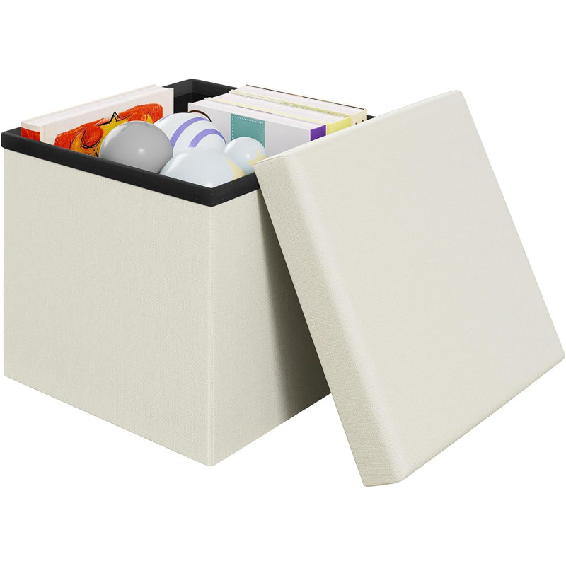 Quirrels 38cm Wide Square Solid Colour Cube Ottoman with Storage, Cream colored linen