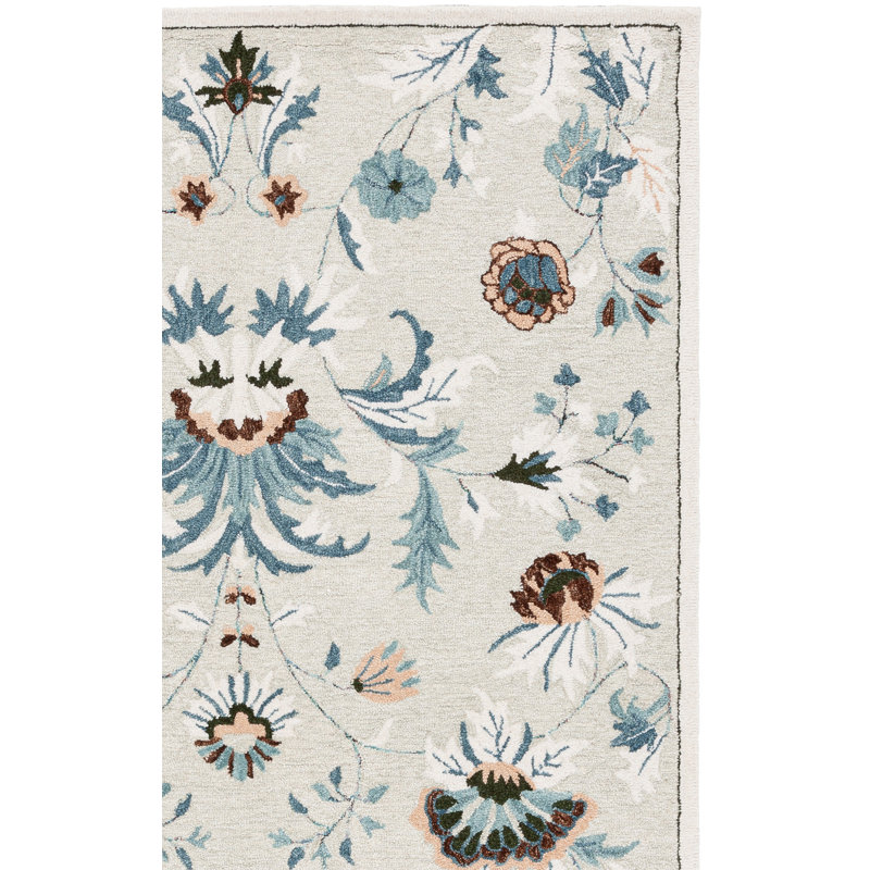 Oech Hand Tufted Wool/Cotton Performance Floral Rug in Sage/Blue, Runner 2'6" x 8'