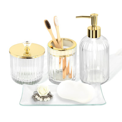 Ensembles d'accessoires de salle de bain en verre Designer - 4 pièces avec distributeur de savon, porte-brosse à dents de salle de bain, plateau de coiffeuse et pot d'apothicaire, décor de salle de bain rétro, organisateur de comptoir cadeau