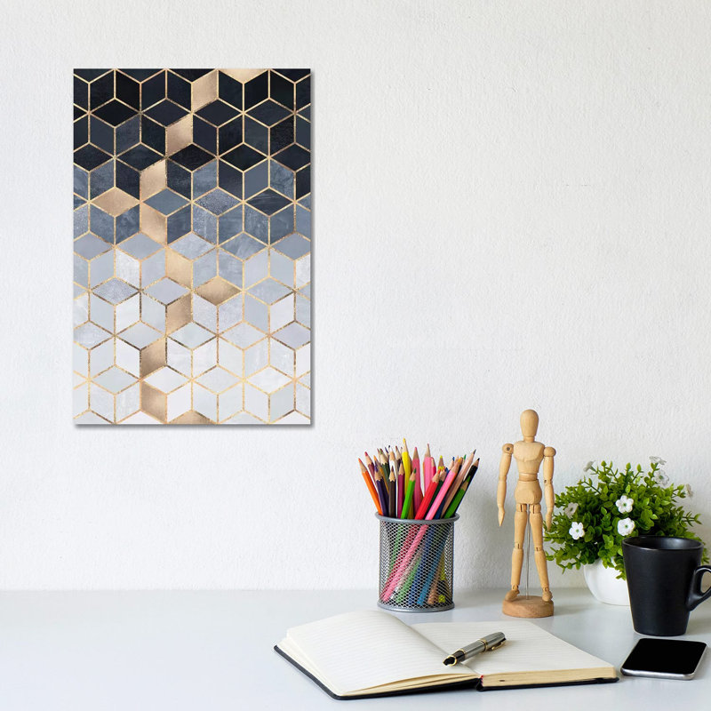 Soft Blue Gradient Cubes, Rectangular by Elisabeth Fredriksson - Print on Canvas, Black Floater Framed