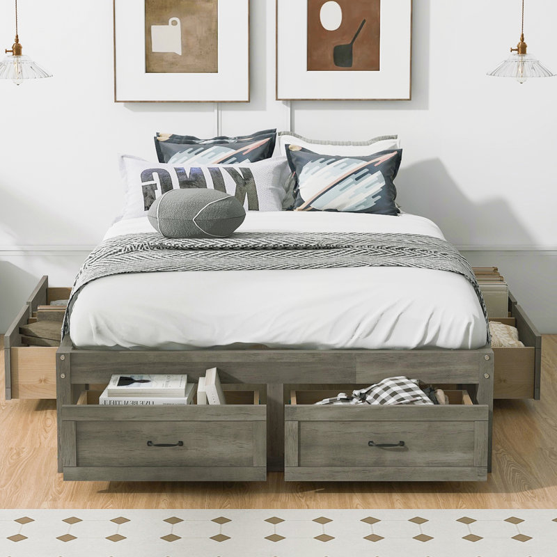 Lit plateforme double avec 6 tiroirs de rangement, Antique Grey