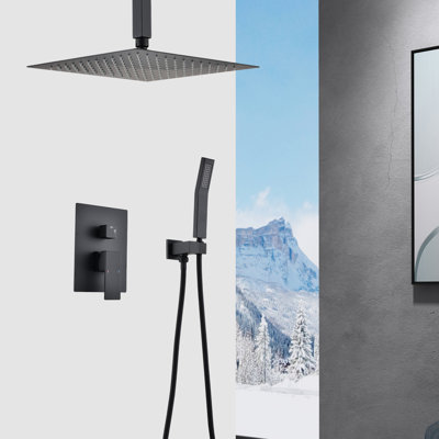 Matte Black Ceiling Mounted Shower - 10" Head & Handheld Bathroom For Mount