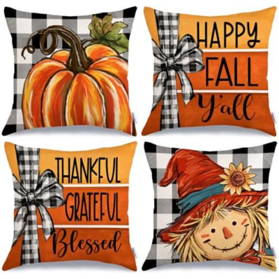 Fall Throw Pillow Covers 12x20 Inch Set of 4, Pumpkin Scarecrow Buffalo Plaid Orange Autumn Seasonal Decorative Farmhouse Decoration for Home