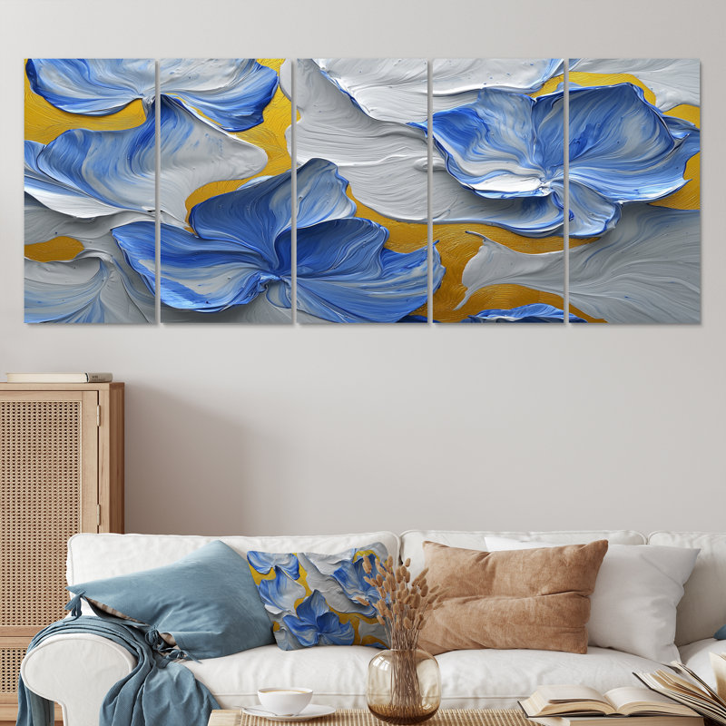 «Ocean Blue Delicate Flower Petals III» - art mural fleurs - ensemble de 5 décorations murales modernes, H 32 po x l 80 po