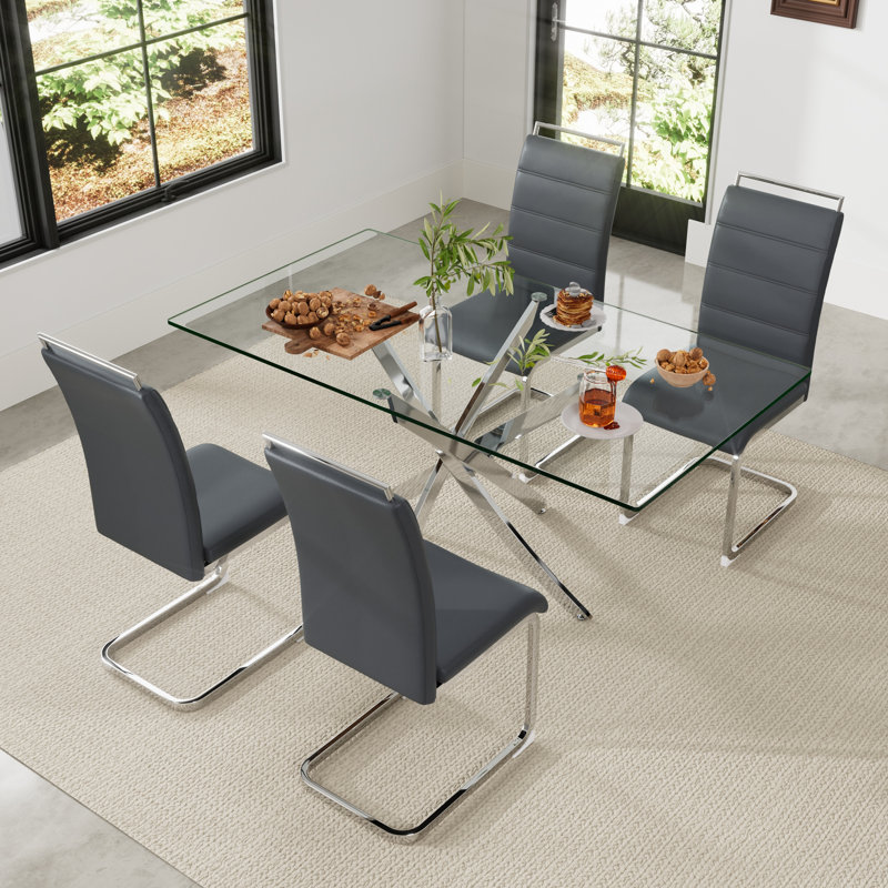 Ensemble de salle à manger 5 pièces, table de salle à manger rectangulaire en verre trempé 63 po et 4 chaises, Gris