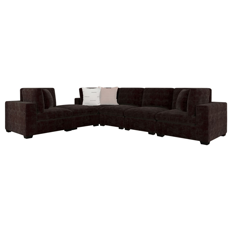 Canapé modulaire avec repose-pieds 6 pièces Jenette, Chenille chocolat noir, Noir